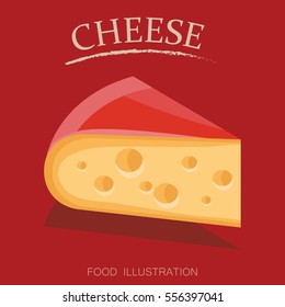 Piece of cheese on the red background flat style realistic vector illustration.