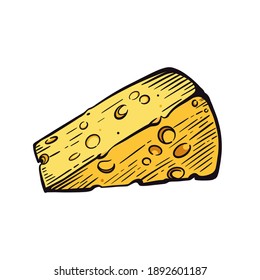 A piece of cheese on a white background sketch. Dairy products. Hand-drawn vector illustration