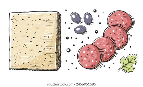 Trozo de queso, perejil, aceitunas y salami aislado sobre un fondo blanco. Conjunto de aperitivos para el diseño en estilo de dibujos animados. lustración del Vector