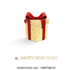 A piece of cheese with a red bow. Gift box in the form of cheese, isolated on a white background.