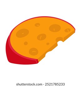 piece of cheese in red wax in a flat style stands on its side. Vector illustration of a part of a dairy product with pores. An isolated product on a white background. Print painted lying sideways