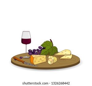 Piece of cheese with red wine and grape vine on a wooden board. Vector.