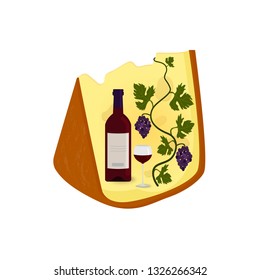 Piece of cheese with red wine and grapevine. Vector.