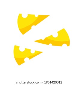 Piece of cheese. Slice food. Yellow triangular ingredient with holes. Roquefort dairy products. Flat cartoon illustration
