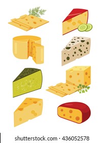 Piece of cheese. Slice cheese. Yellow cheese. Vector flat cartoon illustration set