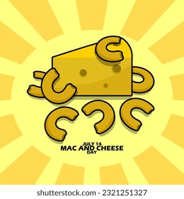 A piece of cheese with some Macaroni and bold text on shiny yellow background to celebrate National Mac and Cheese Day on July 14