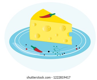 Piece of cheese with spice on a blue plate. Isolated on blue background. Flat icon. Vector illustrator EPS 10
