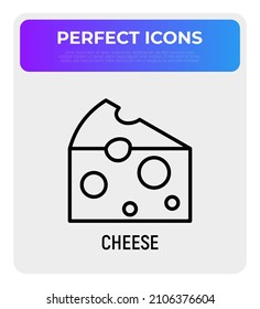 Icono de la línea delgada de un trozo de queso. Los agricultores comercializan productos orgánicos. Ilustración vectorial.