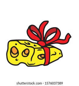 A piece of cheese tied with red ribbon and a large bow .On hand drawn, isolated on white background.Design for greeting card, banner