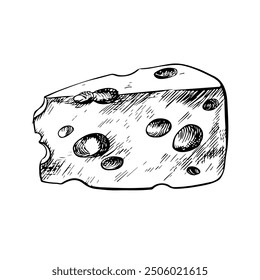 A piece of cheese. Vector graphics, black and white hand-drawn illustrations. Isolate on a white background. For packages and labels. For banners and posters. For restaurant and bar menus.