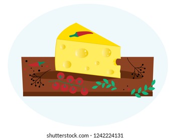 Piece of cheese  with vegetables, spice on a board. Isolated on blue background. Flat icon. Vector illustrator EPS 