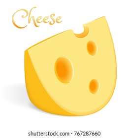 A piece of cheese is yellow, with large holes. A realistic image for banners. To advertise cheese and dairy products. Vector image.
