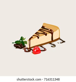 Piece of a cheesecake with cherry,  chunks of chocolate and mint leaves. Vector illustration. Tasty and delicious dessert.
