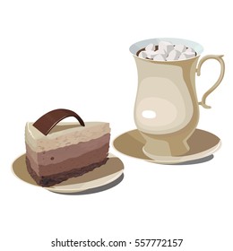 Piece of cheesecake with chocolate and cup of cocoa with marshmallows.