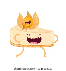 Piece of cheesecake. Cute doodle vector characters creamy cheesecake and physalis