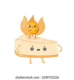 Piece of cheesecake. Cute vector characters creamy cheesecake and physalis