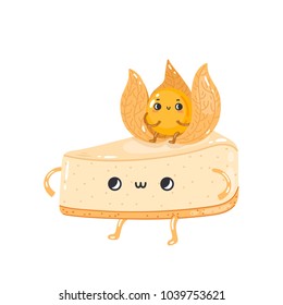 Piece of cheesecake. Cute vector characters creamy cheesecake and physalis