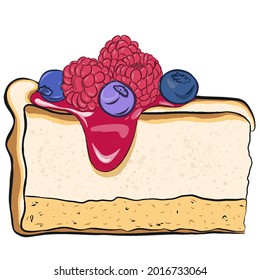 A piece of cheesecake illustration. Vector cake with berries. Beautiful drawing of a piece of cake on a transparent background. A bright drawing, a sketch of food. Dessert sticker