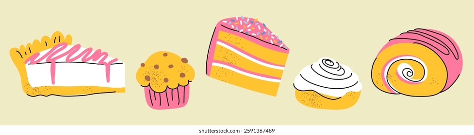 Piece of cheesecake, muffin with chocolate pieces, piece of cake, bun with white icing, sponge cake roll on light background; set of sweets, confectionery; simple hand drawn illustration, flat style