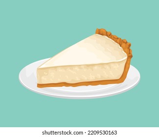 Piece of cheesecake on white plate isolated. Vector cartoon illustration of classic sweet dessert.