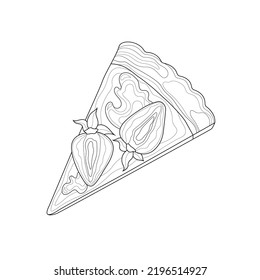 Piece of cheesecake with strawberries.Coloring book antistress for children and adults. Illustration isolated on white background.Zen-tangle style. Hand draw