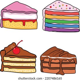 A piece of cherry cake in cartoon doodle style. Vector isolated food illustration on the background.