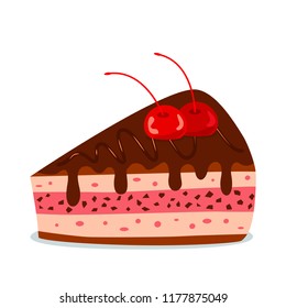 A piece of a cherry cake with chocolate cream. concept of birthday. flat vector illustration isolated on white background