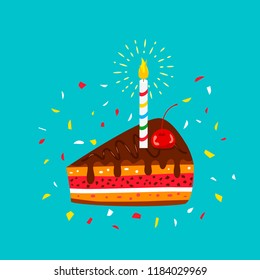A piece of cherry cake in chocolate glaze. concept of a holiday and birthday. flat vector illustration