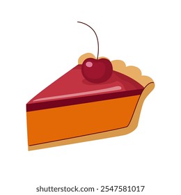 Piece of cherry cake with pumpkin filling, decorated with a cherry. Cake for Thanksgiving and other holidays. Isolated on white background.