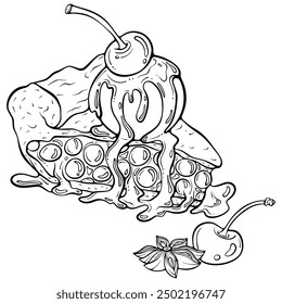Piece of cherry pie with cherries and star anise. Fruit dessert with a scoop of ice cream. Vector illustration in hand drawn sketch doodle style. Line art isolated on white for coloring book, print