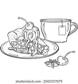 Piece of cherry pie on a plate with a cup of tea. Fruit dessert with a scoop of ice cream and berries. Vector illustration in hand drawn sketch style. Line art isolated on white for coloring book