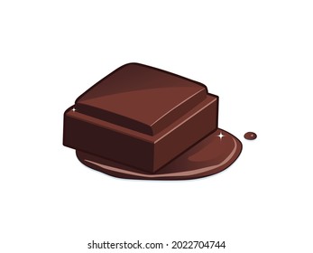 Piece of a chocolate bar on melted chocolate isolated on white background.