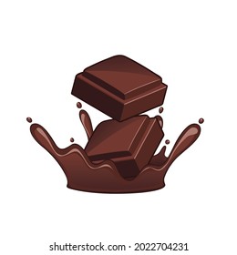Un trozo de una barra de chocolate con salpicaduras de chocolate fundido aislado de fondo blanco.