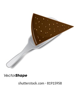 Piece of chocolate birthday cake with nuts on serving spoon vector illustration