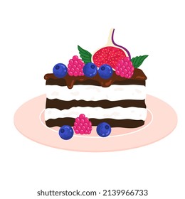 Piece of chocolate cake with berries, fruits and whipped cream. Layered cake illustration in cartoon style. Slice of chocolate pastry cake on a saucer plate. Vector dessert isolated on white