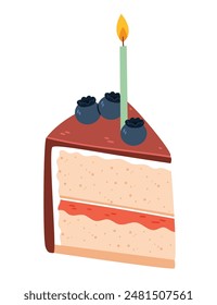 A piece of chocolate cake with blueberries and a candle.Birthday candle on chocolate cake glazed and topped with berries.