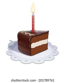 Piece of chocolate cake with candle. Eps10 vector illustration. Isolated on white background