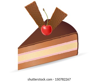 piece of chocolate cake with cherries vector illustration isolated on white background