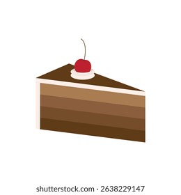 A piece of chocolate cake with cherry and cream on top flat cartoon vector illustration