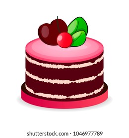 Piece of chocolate cake with cream and cherry. Vector illustration.