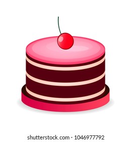 Piece of chocolate cake with cream and cherry. Vector illustration.