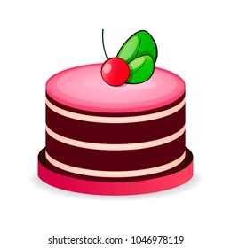 Piece of chocolate cake with cream and cherry. Vector illustration.