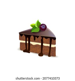 Piece of chocolate cake with cream and cherry. Vector illustration.