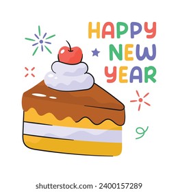 A piece of chocolate cake with cream and cherry on topping, concept icon of happy new year 2024 cake