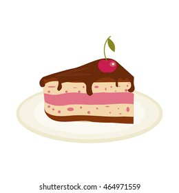 Piece of chocolate cake with cream and cherry birthday tasty bake. Vector illustration chocolate piece cake slice. Sugar gourmet pastry cake slice sweet delicious pie dessert food.