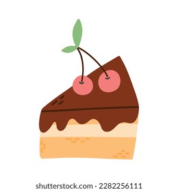 Ein Stück Schokoladenkuchen im flachen Stil. Vektorgrafik. Kuchen mit Kirsche einzeln auf weißem Hintergrund. Doodle-Stil.