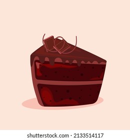 Piece of chocolate cake with glaze and decoration. Vector illustration. Cake slice with chocolate.