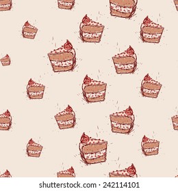 piece of chocolate cake Hand drawn sketch on pink background.seamless pattern vector