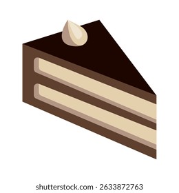 Piece of chocolate cake isolated on white background. Slice of chocolate cake vector with dollop of whipped cream.