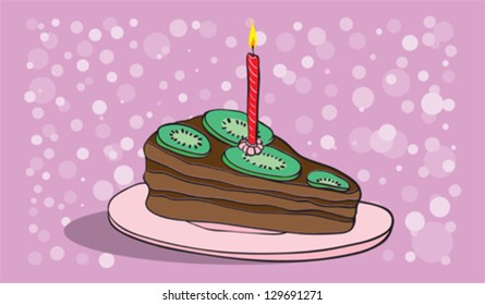 	Piece of chocolate cake lying on the saucer. Cake decorated with slices of kiwi and a burning candle.
